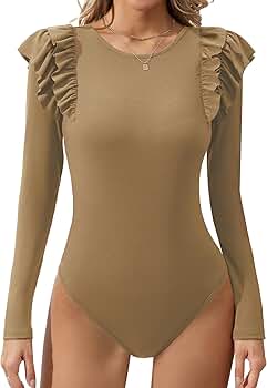 Missufe Long Sleeve Knit Bodysuit Tops Women's Ruffle Fitted